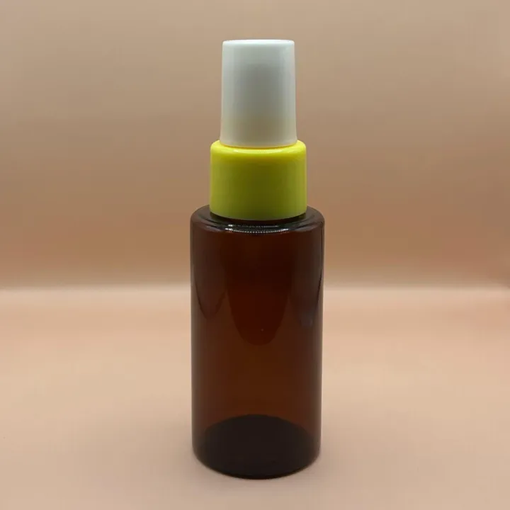 Pet Bottle 60ML PET PLU Amber Bottle with 24/410 Mist Pump White & Yellow, White Dust Cap – Ideal for Skincare Packaging