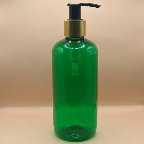 300ML PET Boston Bottle TR Green with 24/410 L1 Dispenser Pump Golden - Premium Packaging for Personal Care