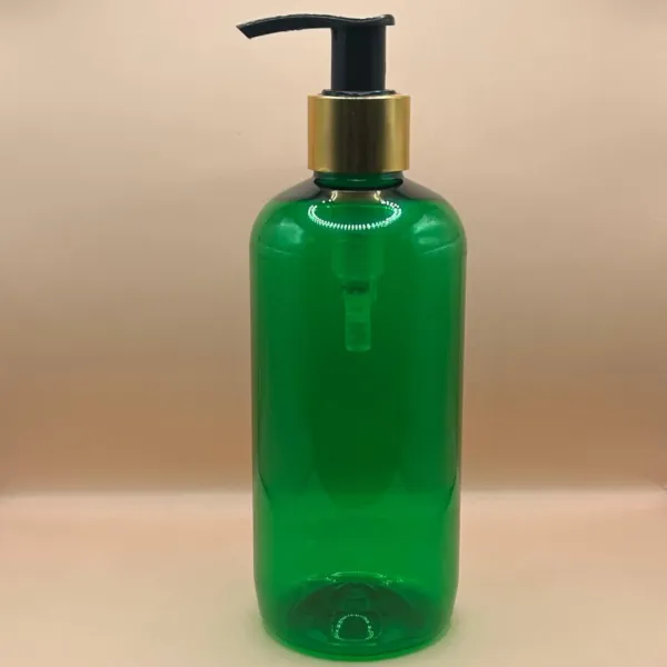 300ML PET Boston Bottle TR Green with 24/410 L1 Dispenser Pump Golden - Premium Packaging for Personal Care