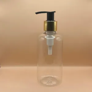 200ML PET Boston Clear Bottle with 24/410 L1 Dispenser Black with Golden | Skincare & Haircare Packaging