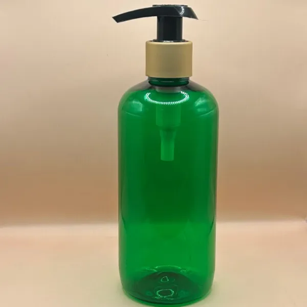 300ML PET Boston Bottle TR Green with LOT Pump Black with Matt Golden – Premium Packaging for Personal Care Products