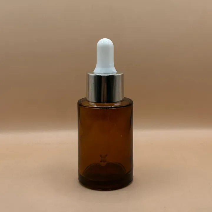 30ML Glass Flat Shoulder Bottle Amber with 20MM Dropper with Metalized Ring | Serum Essential Oil Bottle
