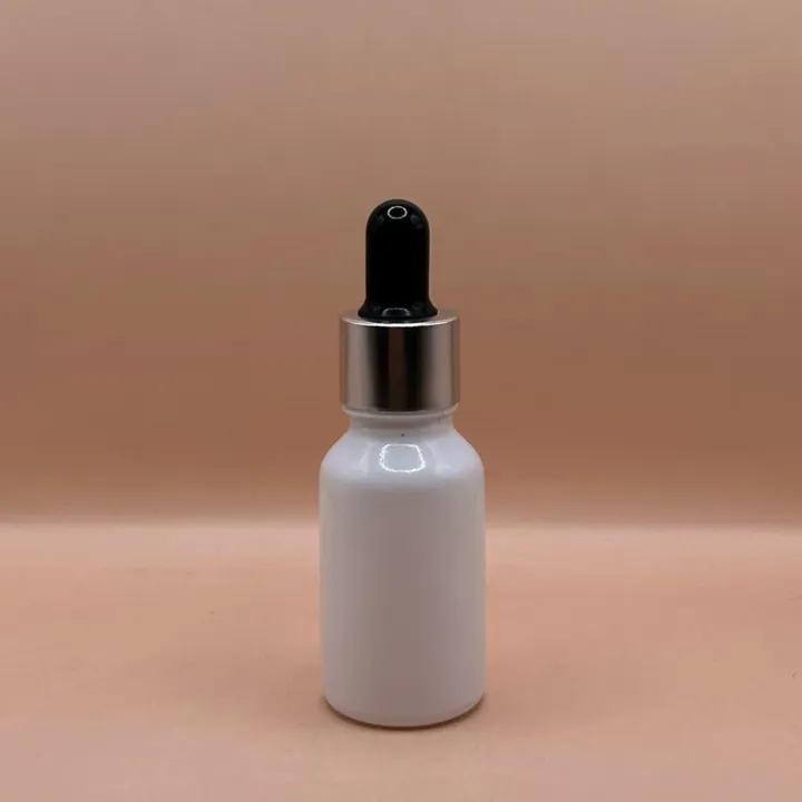 15ML Glass Bottle White with 18MM Dropper with Metalized Ring | Essential Oil Serum Packaging