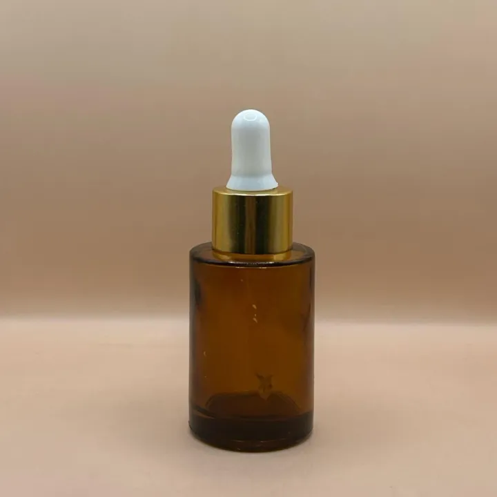30ML Glass Flat Shoulder Bottle Amber with 20MM Dropper with Metalized Ring | Serum Essential Oil Bottle