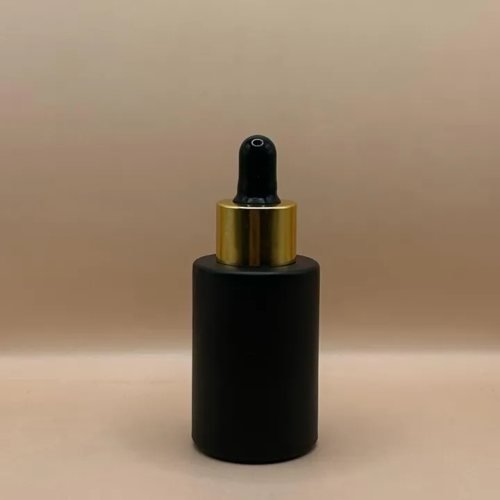 30ML Glass Flat Shoulder Bottle Black with 20MM Dropper with Metalized Ring | Premium Skincare & Essential Oil Bottle