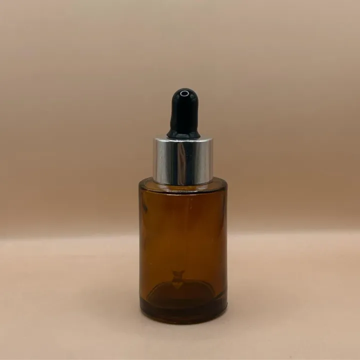 30ML Glass Flat Shoulder Bottle Amber with 20MM Dropper with Metalized Ring | Serum Essential Oil Bottle