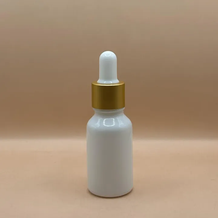 15ML Glass Bottle White with 18MM Dropper with Metalized Ring | Essential Oil Serum Packaging