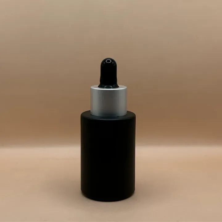 30ML Glass Flat Shoulder Bottle Black with 20MM Dropper with Metalized Ring | Premium Skincare & Essential Oil Bottle