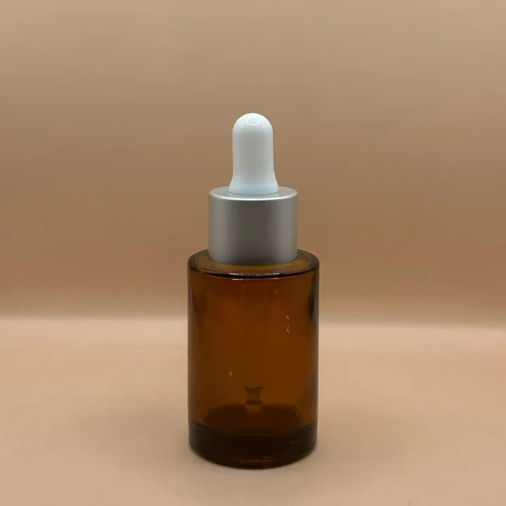 30ML Glass Flat Shoulder Bottle Amber with 20MM Dropper with Metalized Ring | Serum Essential Oil Bottle