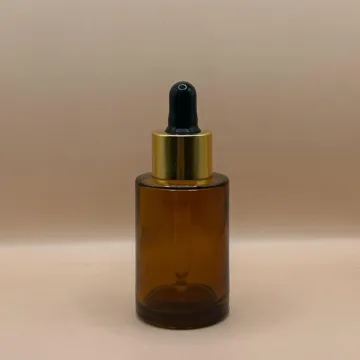 30ML Glass Flat Shoulder Bottle Amber with 20MM Dropper with Metalized Ring | Serum Essential Oil Bottle