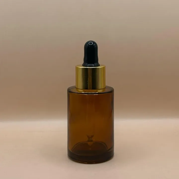 30ML Glass Flat Shoulder Bottle Amber with 20MM Dropper with Metalized Ring | Serum Essential Oil Bottle