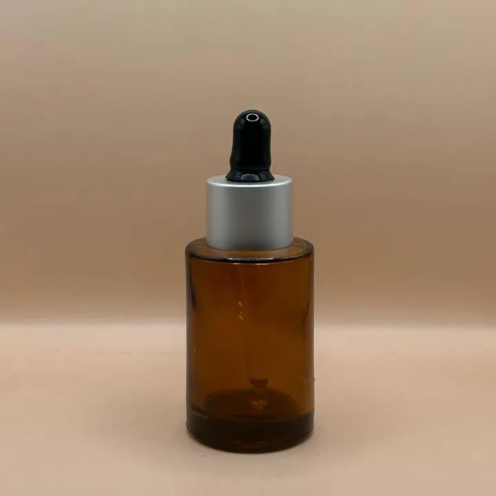 30ML Glass Flat Shoulder Bottle Amber with 20MM Dropper with Metalized Ring | Serum Essential Oil Bottle