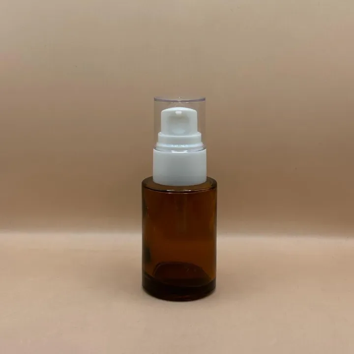 30ML Glass Bottle Amber with 20/410 Olay Pump with Acrylic Cap | Premium Skincare Packaging
