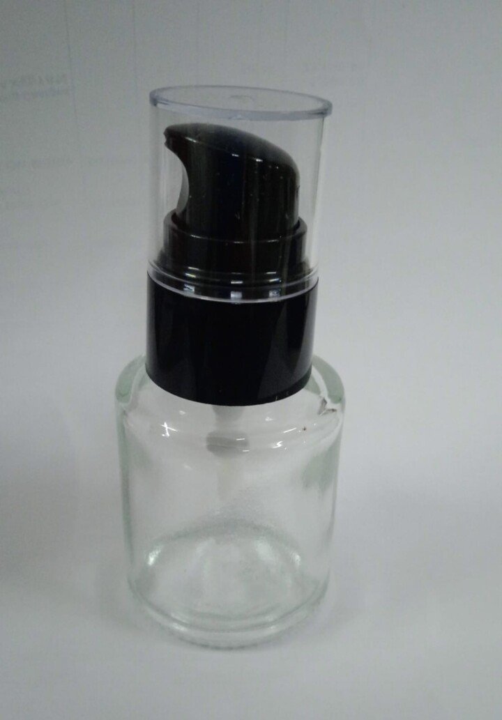 20ml Round Glass Bottle Black Olay Pump Acrylic Cap 20ml Glass Bottle-Round-Clear With 20/410 Olay Pump -Black Smooth With Acrylic Clear Cap