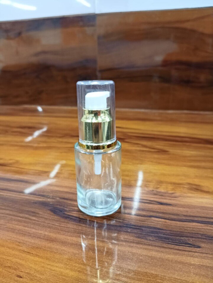 20ml Round Glass Bottle White Gold Lotion Pump 20ml Glass Bottle Round-Clear With 20/410 Lotion Pump White With Shiny Golden